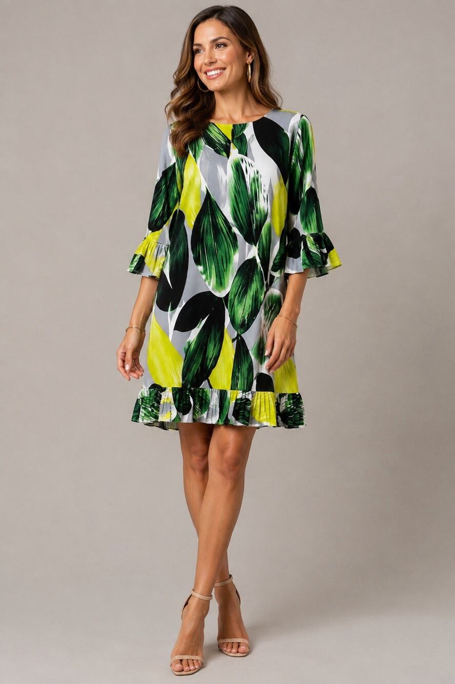 Alfani Petite 4P Green Yellow Botanical Print Bell Sleeve Shift Dress Ruffle Hem